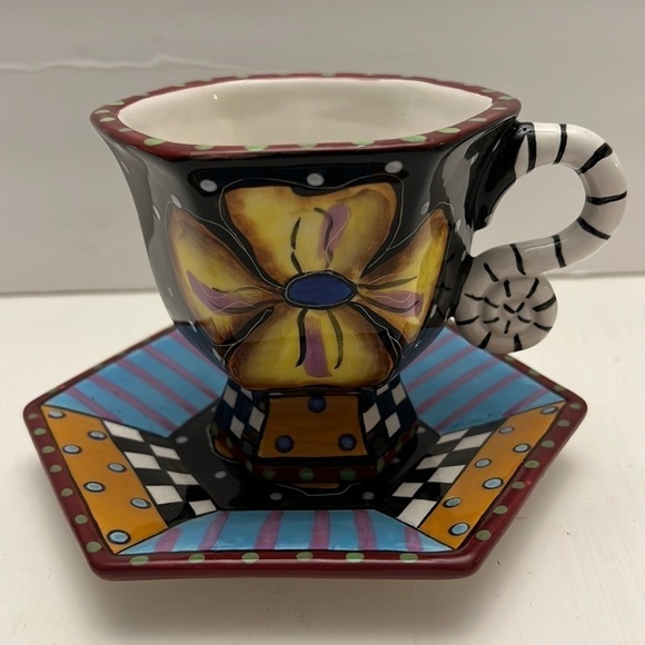 Prospero Designworks Coffee Tea Cup & Saucer Flowers & Hexagon - Picture 1 of 7